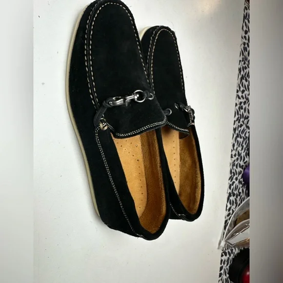 John Varvatos Black Suede Leather Metal Detail Boat Moccasins Loafers 10.5 NWOT